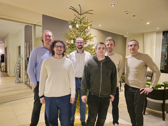Photo of Working Group of Prof. Johannes Fischer Photo of Working Group of Prof. Johannes Fischer; the five persons stand in front of a Christmas tree